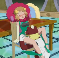 1boy 1boy1girl 1girls blonde_hair brown_hair citron_(pokemon) clemont closed_eyes cosplay dining_room esejota florges_(cosplay) glasses indoors nintendo oral_sex pokemon pokemon_(cosplay) pokemon_xy serena_(pokemon) watchog_(cosplay)