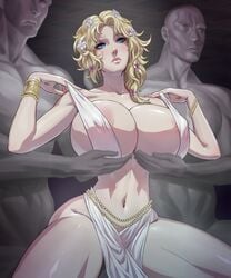 aphrodite_(shuumatsu_no_valkyrie) arttoru blonde_female blonde_hair blue_eyes breast_hold breasts favorite huge_breasts large_breasts record_of_ragnarok servants_holding_aphrodite's_breasts_(meme) short_hair shuumatsu_no_valkyrie thighs voluptuous