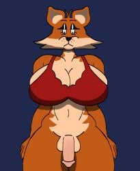 1futa anthro balls big_penis bottomless bra breast_squish breasts canid canine cleavage clothing dickgirl fox futa_only futanari genitals huge_breasts intersex karen_the_fox_(mexicommie) looking_down mammal mexicommie penis red_fox solo squish thick_thighs underwear wide_hips