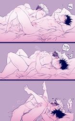 2boys anal_fingering closed_eyes closed_eyes completely_nude dialogue english_text feet_up fingering fingers_in_ass fushiguro_megumi gay genitals hand_on_neck itadori_yuuji jujutsu_kaisen legs_up licking licking_chest licking_stomach lying_down lying_on_back male male/male male_only male_penetrated male_penetrating male_penetrating_male missionary missionary_position nude nude_male on_back penis penis_in_ass pillow speech_bubble text thrusting thrusting_into_ass tongue tongue_out viikavi_art yaoi