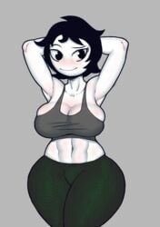 1girls 2021 aged_up armpits arms_behind_head arms_up black_hair blush breasts clothing fluffnutterr grey_background hiveswap joey_claire looking_at_viewer ms_paint_adventures muscular muscular_female short_hair solo sports_bra thick_thighs white_skin wide_hips yoga_pants