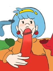 amelia_n. blowjob blue_hair blue_penis clothed_female earrings fellatio green_penis mindoflupe mob_face multiple_penises nintendo nintendo_switch partial_male penis red_penis tagme