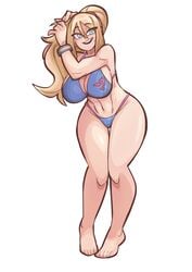 1girls 2021 big_breasts bikini blonde_hair blue_eyes breasts huge_breasts knees_together_feet_apart looking_at_viewer metroid nintendo pigeon-toed samus_aran saucymojo solo solo_female tagme thick thick_thighs tiptoes white_background