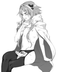 1boy :q arm_support astolfo_(fate) black_garter_belt black_garter_straps black_legwear blush crossed_legs erect_penis erection fate_(series) femboy garter_belt garter_straps girly legwear looking_at_viewer male male_only male_pubic_hair monochrome nipples no_panties otntnpkpk pubic_hair simple_background sitting solo solo_male sweatdrop tongue tongue_out trap white_background