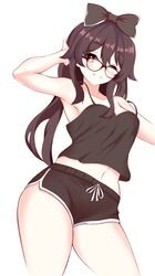 ;) absurdres adjusting_hair alternate_costume alternate_hairstyle armpits bangs bespectacled black_shorts blush bow bowtie breasts brown_hair cleavage collarbone commentary_request contemporary eyebrows_visible_through_hair female genshin_impact glasses hair_between_eyes hair_down hair_ribbon hairbow highres hu_tao_(genshin_impact) leaning_forward long_hair looking_at_viewer midriff navel one_eye_closed orange_eyes pajamas penguin_uwu ribbon short_shorts shorts sidelocks simple_background smile solo spaghetti_strap symbol-shaped_pupils white_background