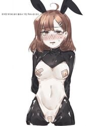 1girls ahoge bandaid bandaid_on_pussy bandaids_on_nipples blush brown_eyes brown_hair bunny_ears bunnysuit fake_animal_ears female female_focus female_only hairclip hod_(lobotomy_corporation) library_of_ruina navel project_moon reverse_bunnysuit reverse_outfit short_hair small_breasts