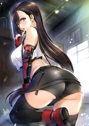 1girls ass big_breasts blush breasts earrings eye_contact female final_fantasy final_fantasy_vii gloves large_breasts long_hair looking_at_viewer mitarashi_kousei red_eyes sideboob skirt thick_thighs thighhighs thighs tifa_lockhart