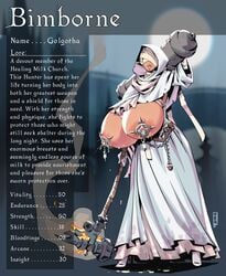 1girls bandage big_breasts big_lips bimbo blindfold bloodborne breasts breasts_out character_profile fromsoftware hexcomics huge_breasts huge_lips hunter_(bloodborne) lactation lactation_without_expressing nipple_piercing open_mouth robe smile solo solo_female tagme white_clothing white_hair