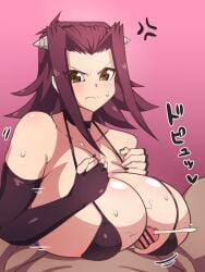 1boy 1girls akiza_izinski alternate_breast_size angry angry_paizuri big_breasts bikini breasts brown_eyes censored choker cum_between_breasts dd41023237 dd_(artist) ejaculation_between_breasts elbow_gloves female fingerless_gloves gloves highres huge_breasts izayoi_aki large_breasts long_hair male micro_bikini paizuri paizuri_lead_by_female paizuri_on_lap penis red_hair straight swimsuit yu-gi-oh! yu-gi-oh!_5d's
