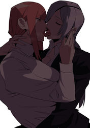 2girls braided_hair chainsaw_man closed_eyes clothed eyepatch female formal formal_attire formal_clothes formal_wear fully_clothed girl_in_suit grey_hair image kissing long_hair makima_(chainsaw_man) necktie pobotto quanxi_(chainsaw_man) red_hair saliva suit_and_tie tongue_kiss white_background woman_in_suit yellow_eyes yuri