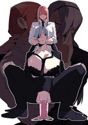 2girls big_breasts bra braided_hair brainwashing breasts censored chainsaw_man dildo dildo_in_pussy dildo_sitting eye_patch female fully_clothed grey_hair huge_breasts large_breasts long_hair makima_(chainsaw_man) mosaic_censoring pobotto quanxi_(chainsaw_man) red_hair smile squatting thighs yellow_eyes