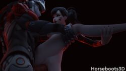 3d blackwatch_genji blender_(software) cyborg d.va eye_contact genji glowing_eyes goth goth_girl horseboots3d leg_lift overwatch