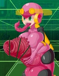 1futa a- balls breasts clothed clothing erection futa_only futanari gaping_urethra green_eyes helmet huge_balls huge_cock humanoid humanoid_penis hyper_penis impossible_clothes large_breasts light_skin mega_man mega_man_battle_network mostly_clothed pale_skin penis pointy_tongue roll.exe sharp_teeth solo standing tongue tongue_out urethra