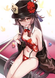 1girls barefoot billiards black_coat blush bow breasts brown_hair cleavage coat female genshin_impact hat hi_res hu_tao_(genshin_impact) leotard looking_at_viewer navel off_shoulder open_coat playboy_bunny pool_table red_eyes revealing_clothes sitting skai_kun small_breasts thighs top_hat twintails