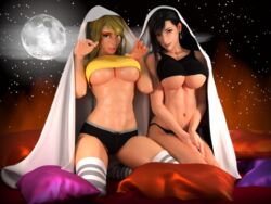 2girls 3d abs adeptusinfinitus bed big_breasts blender blonde_hair dark_hair final_fantasy final_fantasy_vii fit ghost halloween joke kneeling metroid midriff panties posing samus_aran seductive tank_top thighhighs tifa_lockhart tongue_out underboob