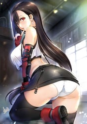 1girls ass big_breasts blush breasts earrings eye_contact female final_fantasy final_fantasy_vii gloves large_breasts long_hair looking_at_viewer mitarashi_kousei panties red_eyes sideboob skirt thick_thighs thighhighs thighs tifa_lockhart underwear upskirt white_panties