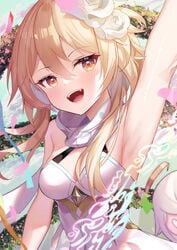 absurdres arm_up armpits blonde_hair breasts cloud eyebrows_visible_through_hair female flower genshin_impact hair_flower hair_ornament halter_top halterneck highres leotard looking_at_viewer lumine_(genshin_impact) open_mouth outdoors sky small_breasts smile solo teeth upper_body upper_teeth white_flower yellow_eyes zhongwu_chahui