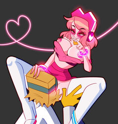 2d bichcarito breasts cartoon_network clothed dr._flug_(villainous) heart male/female miss_heed_(villainous) nipples oral pink_body pink_hair sex smile superheroine tagme villain villainous