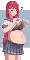 1girls big_breasts black_bra black_panties blue_skirt blush bra clothing female female_only hairclip heart huge_belly legs_together linea_nigra long_hair looking_at_viewer love_live! love_live!_sunshine!! matching_underwear maternity_underwear miniskirt nowheresoul open_mouth pleated_skirt pregnant ready_to_pop red_hair sakurauchi_riko school_uniform schoolgirl serafuku shirt shirt_lift short_sleeves skirt smile solo veiny_belly white_shirt yellow_eyes