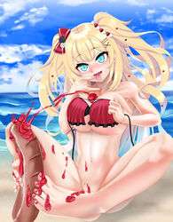 akai_haato beach bikini_top blonde_hair feet gentle_wolf_(artist) hololive hololive_gen_1 hololive_japan hot_dog ketchup ketchup_bottle light_blue_eyes red_nails tongue_out virtual_youtuber