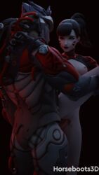 3d blackwatch_genji blender_(software) cyborg d.va eye_contact genji glowing_eyes goth goth_girl horseboots3d leg_lift overwatch