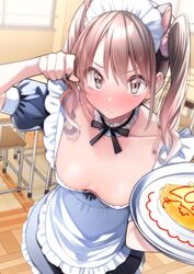 animal_ears blush breasts brown_eyes brown_hair classroom detached_collar down_blouse fake_animal_ears female female food high_resolution large_filesize looking_at_viewer maid maid_cafe omurice original paw_pose pov puffy_short_sleeves puffy_sleeves rinku_(rin9) short_sleeves small_breasts solo tied_hair twintails very_high_resolution