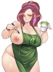 1girls apron areolae big_breasts blush breasts eye_contact female gofa hachimi_(gofa) hairband huge_breasts iced_latte_with_breast_milk large_breasts looking_at_viewer meme nipples original ponytail purple_eyes solo thick_thighs thighs voluptuous white_background wide_hips