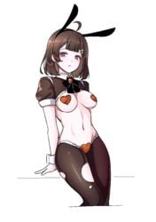 1girls ahoge blue_eyes blush bow bowtie brown_hair bunny_ears bunnysuit fake_animal_ears female female_focus female_only hairclip heart_pasties hod_(lobotomy_corporation) library_of_ruina navel pasties project_moon reverse_bunnysuit reverse_outfit short_hair small_breasts torn_clothes torn_pantyhose