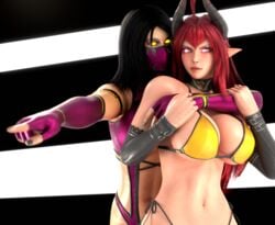 2girls 3d adeptusinfinitus big_breasts bikini blender dark_hair elbow_gloves elf_ears fit glowing_eyes heavy_breathing horns hug mask midriff mileena monster_girl mortal_kombat original_character pointing pointy_ears red_eyes red_hair sinia succubus succubus_horns tarkatan