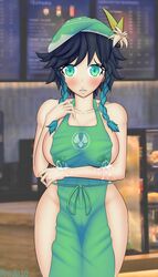 1girls apron black_hair blush breasts curvy female female_only genderswap_(mtf) genshin_impact green_eyes iced_latte_with_breast_milk lactation large_breasts light_skin looking_at_viewer meme mrcrabx10 naked_apron pussy rule_63 solo solo_female venti_(genshin_impact)