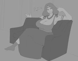 1girls cleavage clothed clothed_female clothing curvy curvy_female curvy_figure emba english english_text female female_focus female_only gilf grandmother huge_breasts mature_female monochrome sfw sitting sitting_on_sofa smoxul solo solo_female solo_focus voluptuous wide_hips