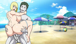 1boy 1girls ass ass_grab barefoot beach big_breasts blunt_bangs blush bob_cut breasts breasts_bigger_than_head carrying completely_nude duo duo_focus feet female green_hair huge_breasts human leg_strap long_hair looking_back looking_down male naked naruho naruto naruto_(series) naruto_shippuden open_mouth outdoors penetration penis samui sex shounen_jump sideboob smile stand_and_carry_position standing vaginal_penetration vaginal_sex voluptuous yellow_eyes zetsu