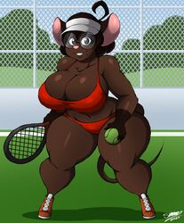 beauty_mark big_breasts breasts female fur glasses gwen_martin mouse superix tennis tennis_ball tennis_court tennis_racket thick_thighs wide_hips