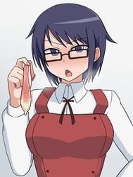 blue_hair condom cum glasses hidamari_sketch holding_condom looking_at_viewer oliver11020 sae school_uniform short_hair sweat used_condom