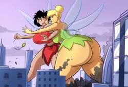 2girls absurd_res ass big_ass black_hair blonde_hair caiman2 city crysta disney disney_fairies duo emmabrave fairy female ferngully fight giantess gts hair hi_res huge_ass humanoid tinker_bell wings