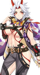 arataki_itto bangs black_nails body_markings bracelet breasts chaps cleavage commentary earrings eyebrows_visible_through_hair facial_mark facial_tattoo female genderswap_(mtf) genshin_impact grey_hair grin highres horns jewelry long_hair looking_at_viewer noise_paper oni oni_horns orange_eyes red_eyes rope rule_63 shimenawa sidelocks silver_hair simple_background sleeves_folded_up smile solo spiked_bracelet spiked_collar spikes tattoo thispapernoise underboob white_background