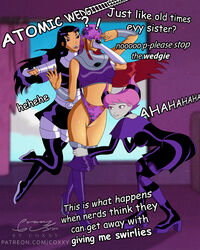 2d 3girls atomic_wedgie black_hair blackfire boots comic_sans coxxy dc female female_only grey-skinned_female grey_skin high_heel_boots jinx_(dc) komand'r koriand'r multiple_girls panties_over_head pantsed pantsing pink_hair starfire tan-skinned_female tan_skin teen_titans wedgie