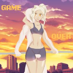 1boy 1girls animated black_bra black_shorts blonde_hair clothed_female clothed_female_nude_male female gym_clothes jayking light-skinned_female male midriff nude nude_male orange_eyes outdoors pixel_art png reverse_rape small_breasts sports_bra sportswear sunset thigh_sex yoga yoga_pants