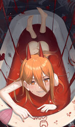 1girls ass bath blood blush chainsaw_man demon_girl demon_horns eyeshadow feet female horns looking_at_viewer power_(chainsaw_man) sharp_teeth smile solo yuhang