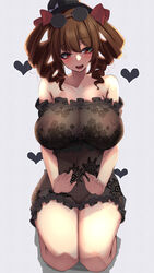 bow breasts commentary_request covered_nipples drill_hair eyewear_on_head female hat hat_bow heart heart-shaped_pupils highres jo'on_yorigami large_breasts light_brown_hair lingerie nightgown nipples round_eyewear seiza simple_background sitting solo sunglasses symbol-shaped_pupils top_hat touhou translation_request twin_drills underwear white_background yukito_(dreamrider)