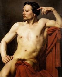 1850 1boy armpits artistic_nude beard black_hair covering covering_crotch fine_art finger_to_head goatee half-closed_eyes half_painted_figure hand_on_hip highres looking_away male male_only moustache muscles navel nipples painting painting_(artwork) pose pubic_hair public_domain realistic short_hair sitting solo thighs william-adolphe_bouguereau