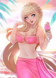 1girls arilicious bare_arms bare_midriff bare_shoulders beach belly big_breasts bikini bikini_top blonde_hair braid braided_hair breasts cleavage color colored curvaceous curvy curvy_female curvy_figure danganronpa danganronpa_2:_goodbye_despair danganronpa_s:_ultimate_summer_camp eyebrows_visible_through_hair female female_focus female_only frills front-tie_bikini front-tie_top front_view green_eyes happy hourglass_figure human human_focus human_only ice_cream large_breasts light-skinned_female light_skin long_hair midriff navel ocean pink_bikini pink_bikini_top pink_sarong pink_swimsuit princess royalty sarong sea seaside smile smiling solo solo_female solo_focus sonia_nevermind stomach straight_hair sunset super_danganronpa_2 swimsuit water wholesome