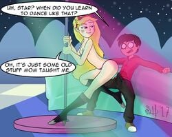 1boy boner boner_in_pants breasts dialogue female high_heels marco_diaz pole_dancing sealedhelm star_butterfly star_vs_the_forces_of_evil