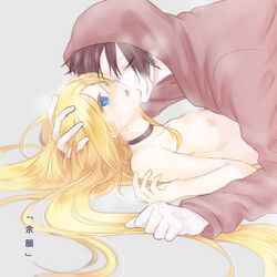 1boy 1boy1girl 1girls angels_of_death bandage bandaged_hand bandaged_hands black_hair blonde blonde_hair blue_eyes breasts choker color dark_hair female gray_background grey_background hair_down hand_on_head hetero hoodie isaac_foster light-skinned_female light_skin long_hair male male/female mouth_open nipples open_mouth rachel_gardner satsuriku_no_tenshi simple_background small_breasts solid_color_background straight yellow_hair