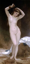 1870 1girls absurd_res armpits arms_above_head arms_up artistic_nude bather_(bouguereau) breasts brown_eyes brown_hair clothes_removed clothing curly_hair feet female female_only fine_art full_body hair_tucking head_tilt highres long_hair looking_at_viewer matching_hair/eyes navel nipples nude outdoors pose public_domain pussy realistic rock small_breasts solo standing thighs toes water william-adolphe_bouguereau