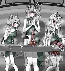 3futas animal_ears animal_genitalia animal_penis apron apron_only arknights balls big_balls big_penis blush breasts censored click_(arknights) clothed clothing copyright_request cum cum_in_container cum_in_cup cum_through_clothes earthspirit_(arknights) embarrassed erection erection_under_clothes futa_only futanari goat_girl goat_horns heavyrain_(arknights) horns horse_girl horsecock huge_balls huge_cock humanoid iced_latte_with_breast_milk kemonomimi knees_together_feet_apart meme mirin_chikuwa mostly_nude naked_apron oversized_balls penis penis_size_difference restricted_palette shy standing tagme tenting