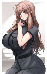 aqua_eyes big_breasts blush brown_hair brushing_hair female female_only fully_clothed hair_down huge_breasts kantai_collection long_hair looking_at_viewer military_uniform ryuun_(stiil) saratoga_(kantai_collection) short_sleeves sitting solo tight_clothing uniform