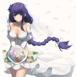 1girls bouquet bouquet_of_flowers braided_hair bride dress female_focus flower_petals flowers genshin_impact happy long_hair looking_at_viewer pov pov_eye_contact purple_hair raiden_shogun smile solo sora_(artist) tagme very_long_hair wedding_dress