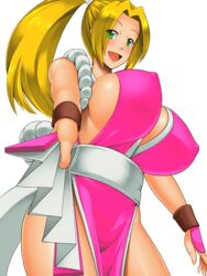 1girls big_sister blonde_hair bouncing_breasts breasts covered_erect_nipples fan fatal_fury female green_eyes happy high_resolution highres huge_breasts kawanuma_uotsuri large_breasts mai_shiranui mai_shiranui_(cosplay) milf ninja no_bra no_panties no_underwear onee-chan open_mouth palette_swap ponytail smile snk solo third-party_edit tied_hair