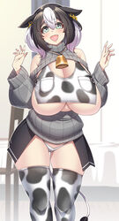 bare_shoulders big_breasts black_hair cleavage cleavage_cutout cow_ears cow_girl cow_girl_(konoshige) cow_print cow_print_thighhighs cow_tail cowbell crop_top huge_breasts long_sleeves looking_at_viewer no_bra original panties pleated_skirt revealing_clothes ryuun_(stiil) sagging_breasts smile sweater thick_eyebrows thick_thighs thighhighs two_tone_hair underboob white_hair white_panties wide_hips zettai_ryouiki